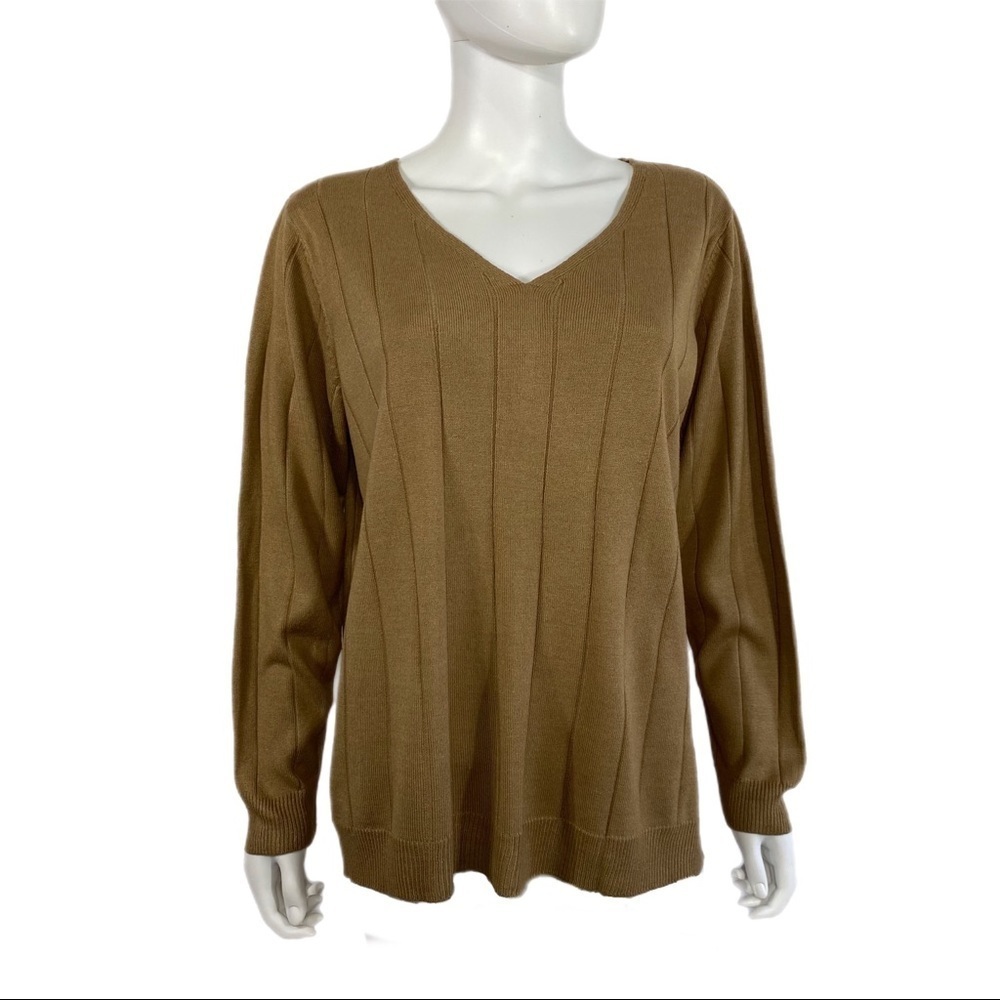 Roaman’s Tan V-Neck Ribbed Knit Sweater